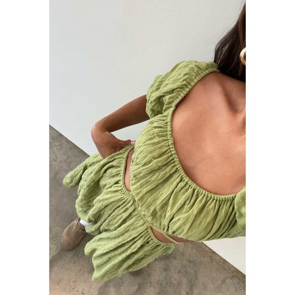 Spring Style Green Matcha Cut-Out Midi Dress 100% Cotton - Picture 5 of 11